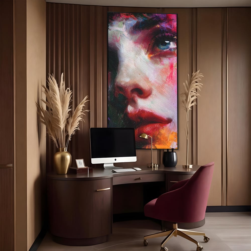 Tablou canvas cu tablou canvas cu portret expresionist de femeie, in rama de aluminiu negru, pe perete intr-un birou